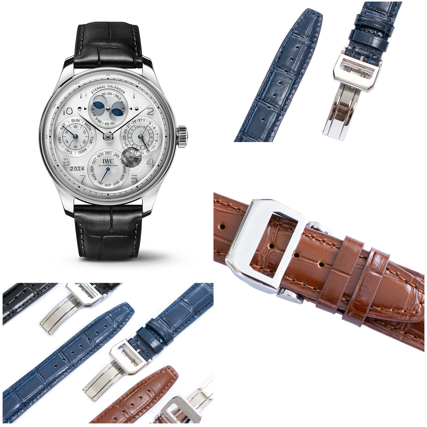 Crocodile Leather Straps For IWC Portuguese Watches, Croco Watch Band With Deployment Clasp For Watches
