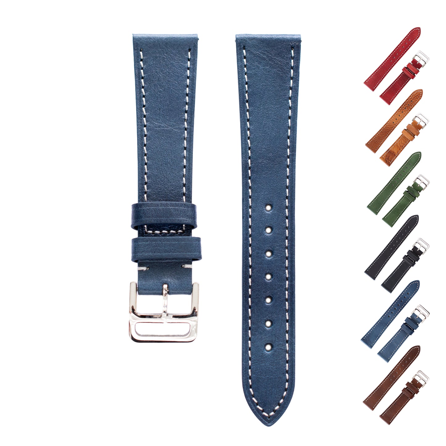 Blue leather watch strap with silver buckle, surrounded by additional colored straps on a white background.