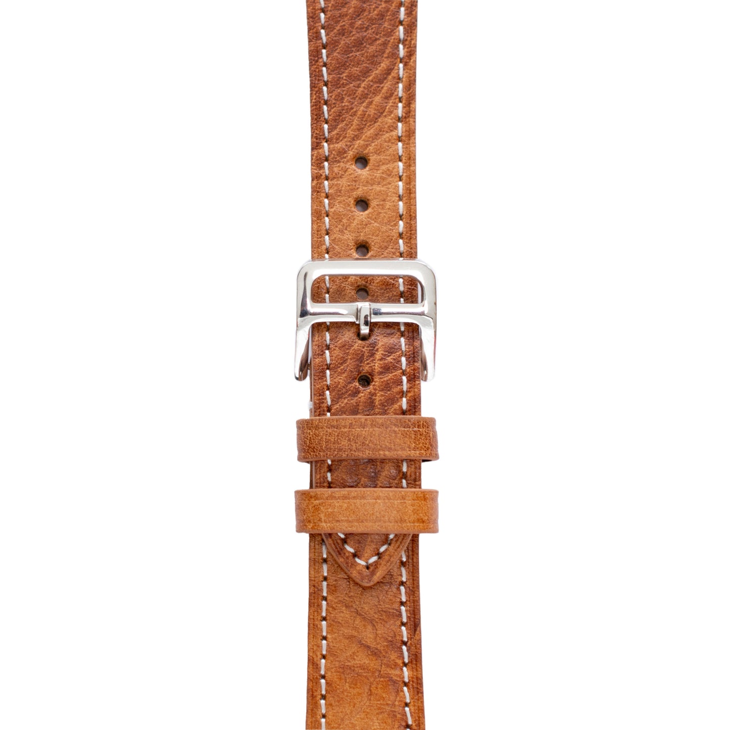 Brown leather watch strap with silver buckle on a white background