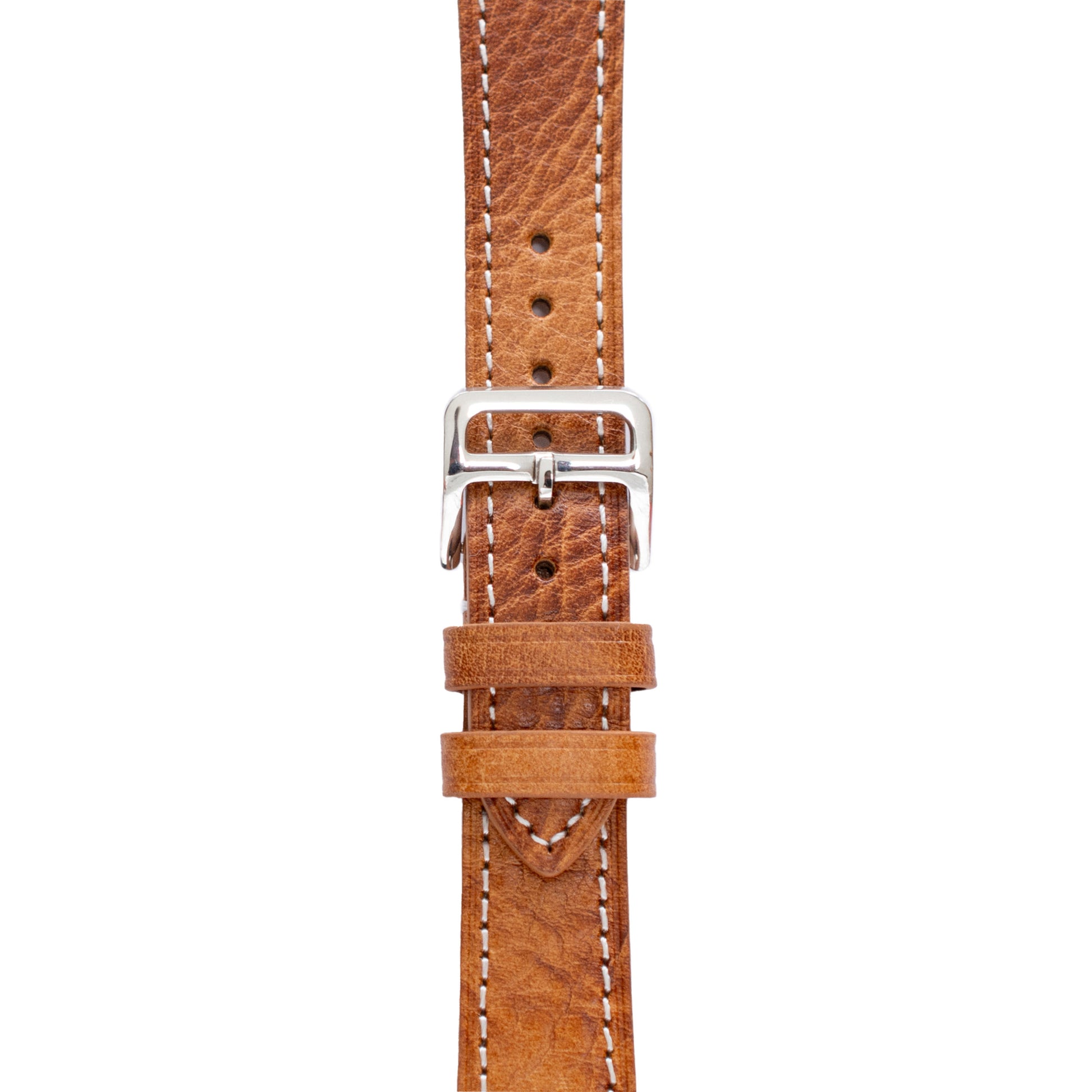 Brown leather watch strap with silver buckle on a white background