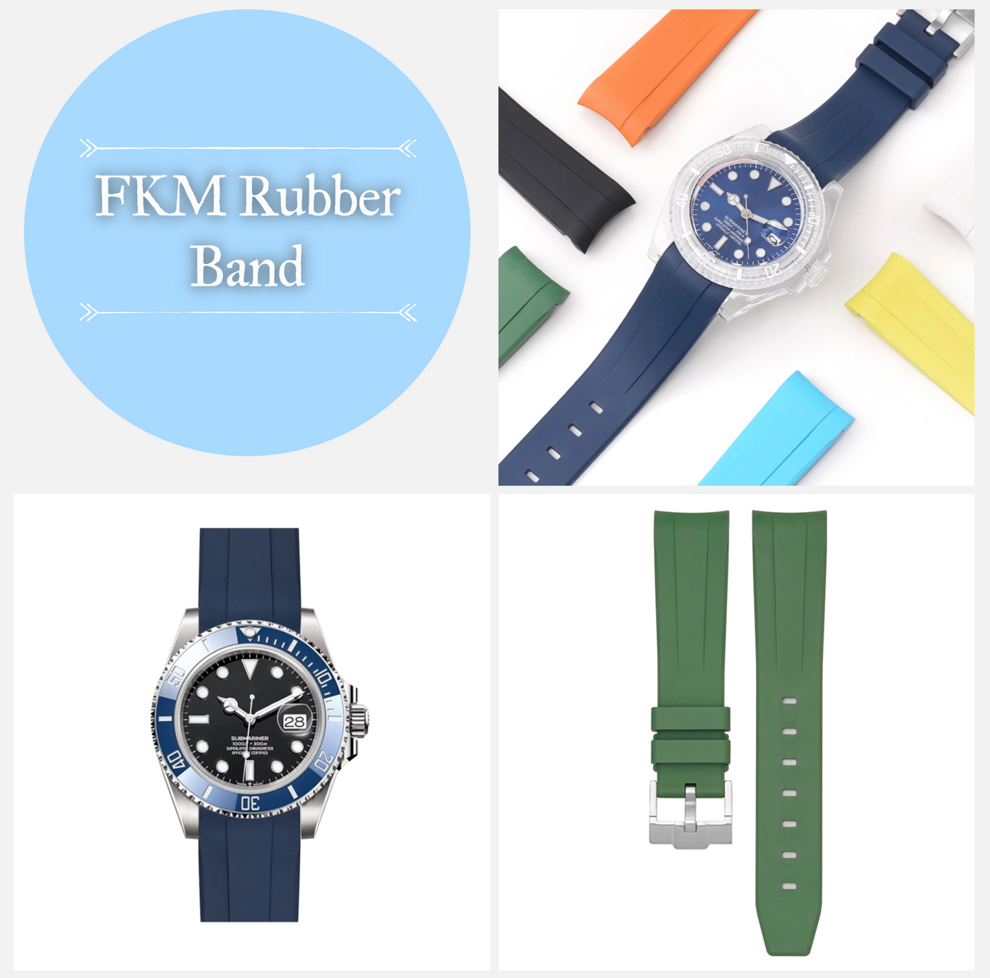 20mm FKM Rubber Band For Rolex Watches, Curved End 20mm Rubber Watch Band For Rolex Watches