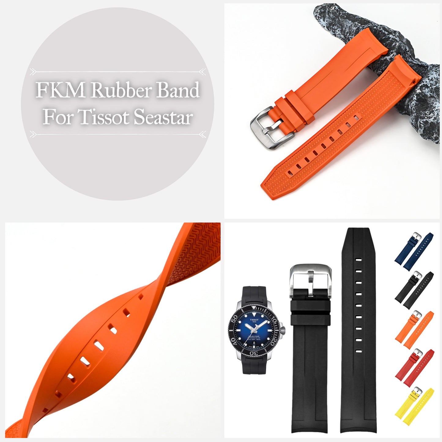 21mm FKM Rubber Band For Tissot Seastar 1000 Powermatic 80 T120407A, Replacement Curved End Watch Band For Tissot Seastar 1000 Watches