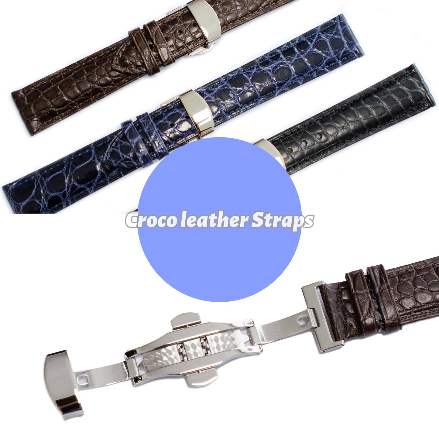 Crocodile Leather Straps For Watches With Deployment Clasp, Croco Watch Strap For Watches