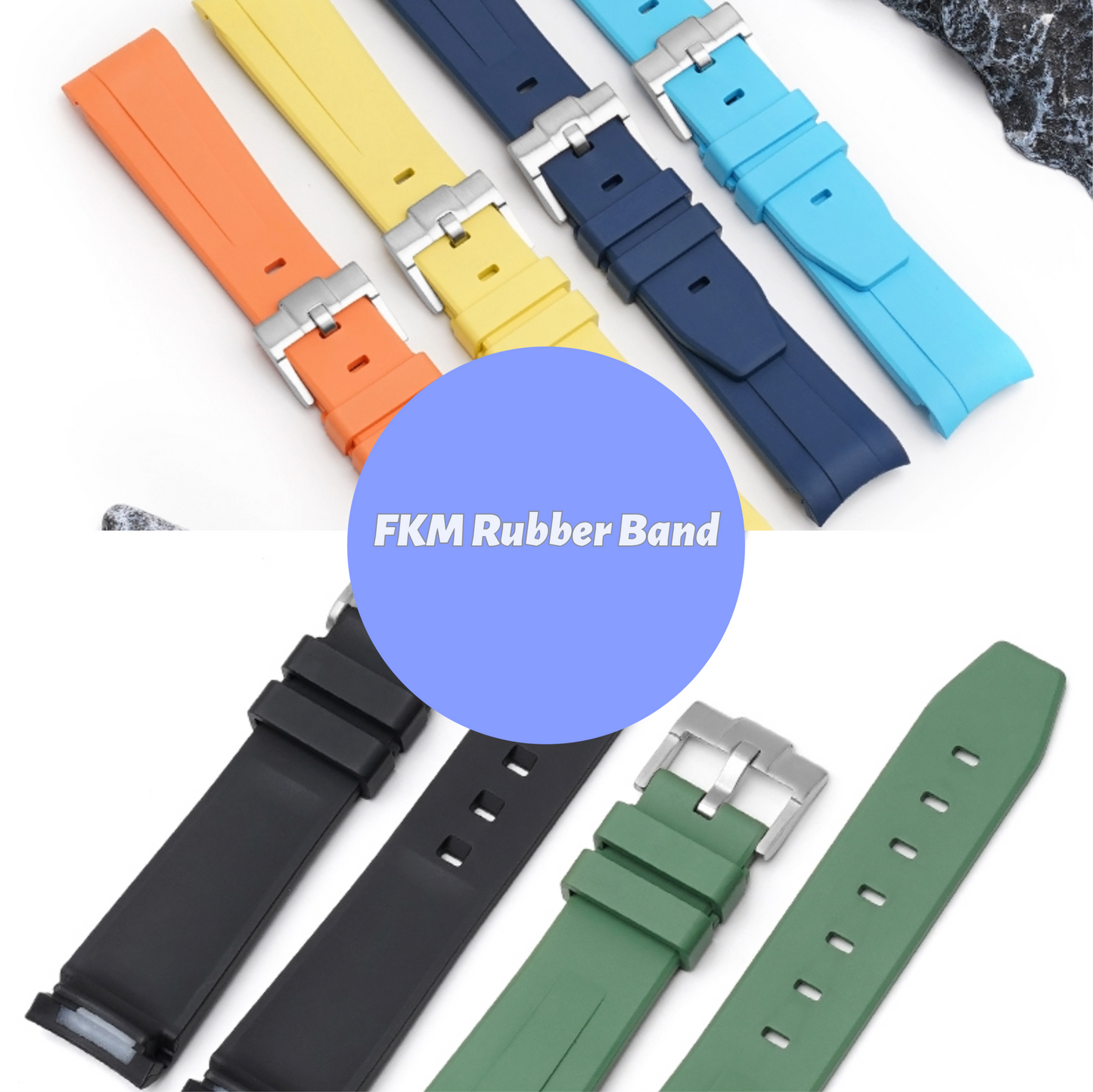 20mm FKM Rubber Band For Rolex Watches, Curved End 20mm Rubber Watch Band For Rolex Watches