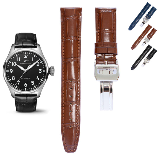 Crocodile Leather Strap For Pilot Watches, Croco Watch Band With Deployment Clasp For Watches