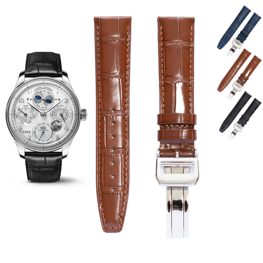 Crocodile Leather Straps For IWC Portuguese Watches, Croco Watch Band With Deployment Clasp For Watches