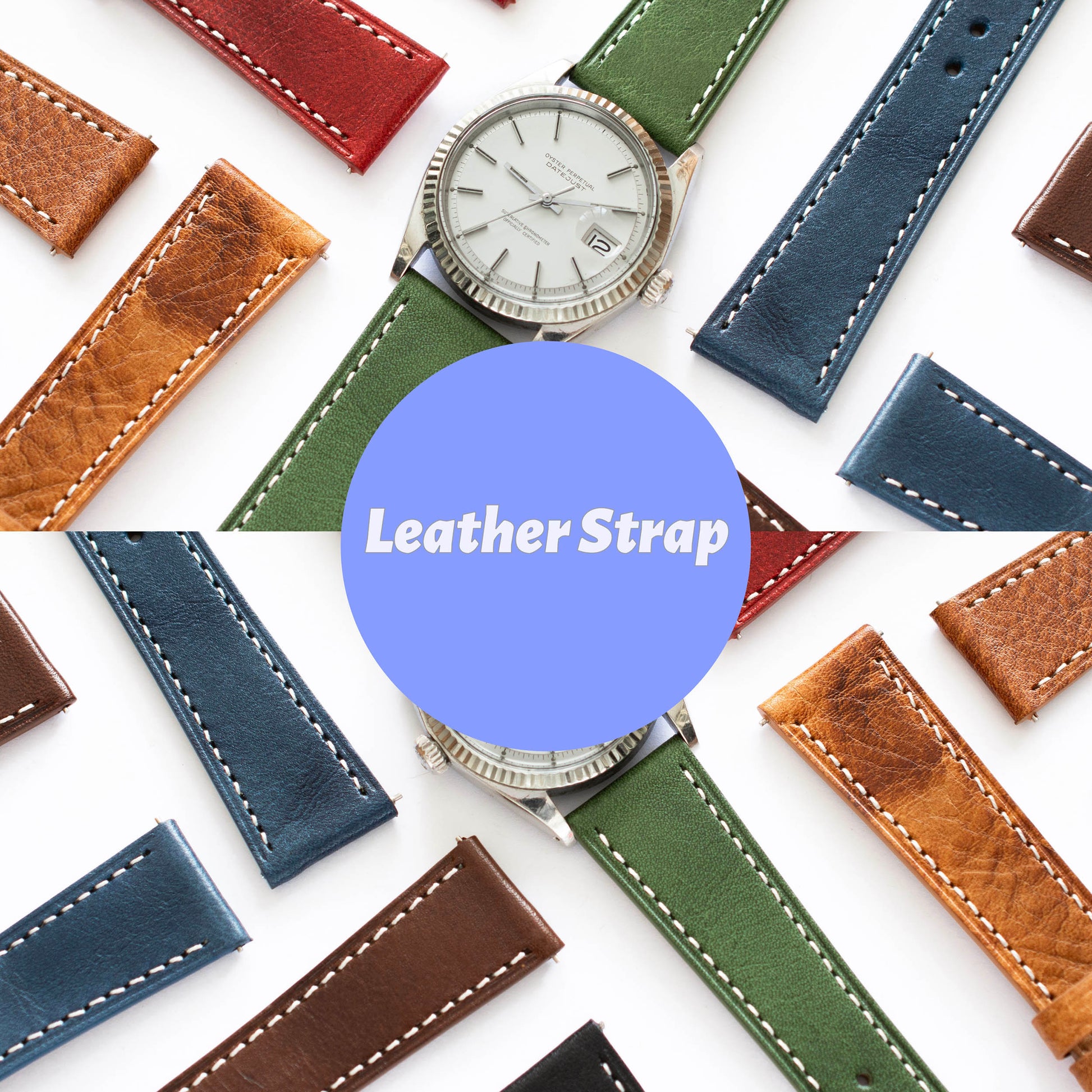 Watch with various leather straps on a white background