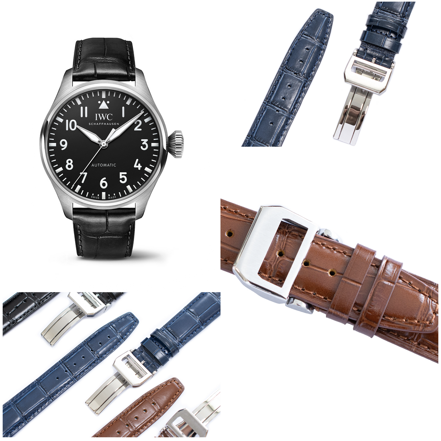 Crocodile Leather Strap For Pilot Watches, Croco Watch Band With Deployment Clasp For Watches
