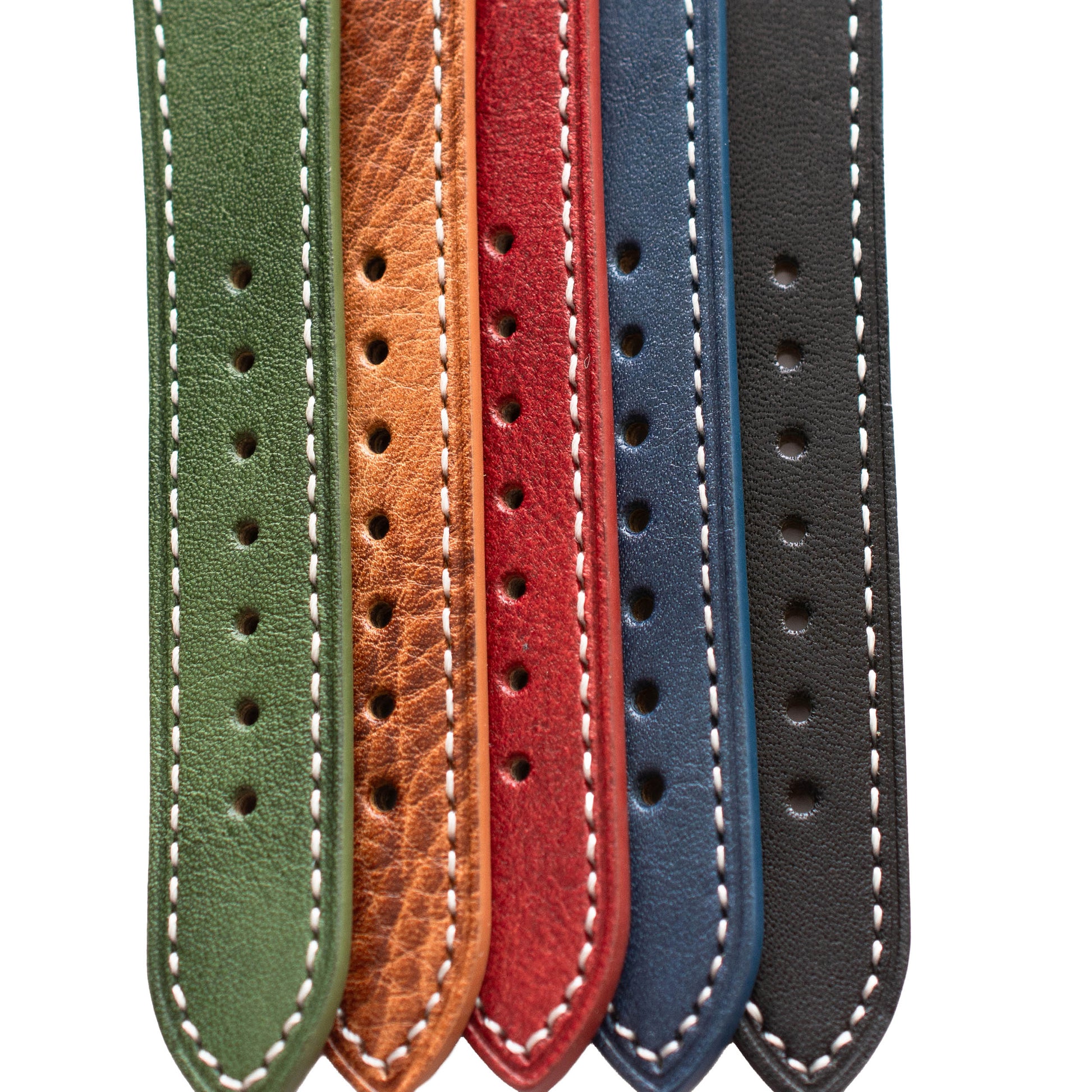 Five leather straps in green, brown, red, blue, and black on a white background